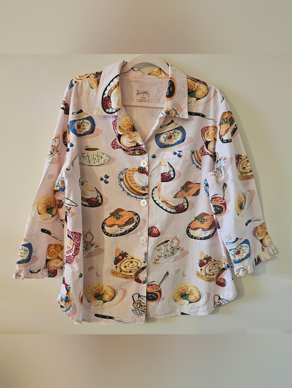 Rare Nick & Nora Vintage Breakfast Tea Waffle Print Pajama Top 100% Cotton XL